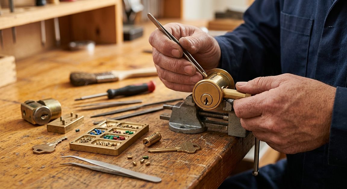 Locksmith's hands rekeying a deadbolt cylinder on a workbench