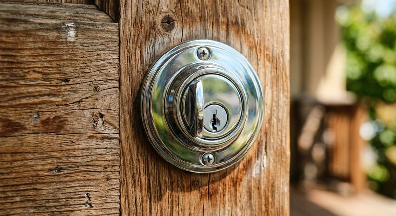Chrome deadbolt with keyhole installed on a wooden front door