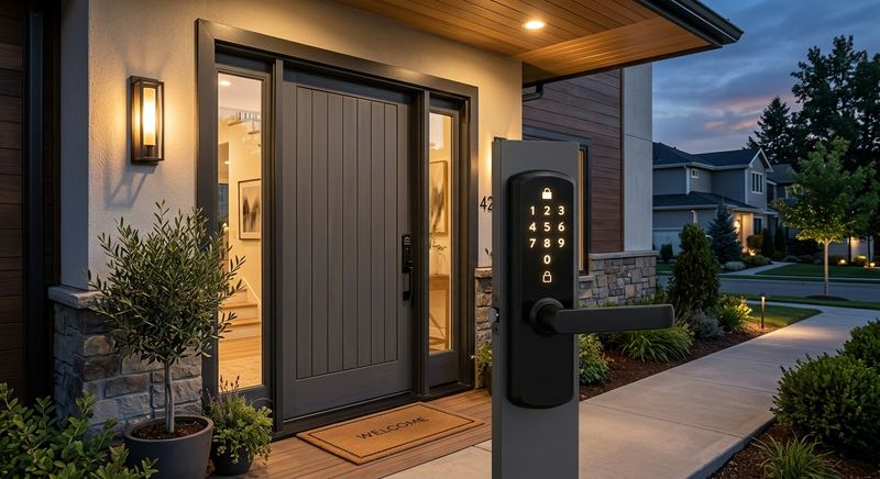 Modern black smart lock keypad on a contemporary front door at dusk