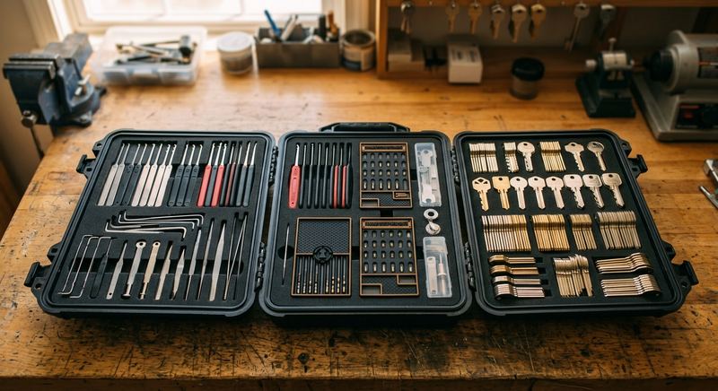 Professional locksmith tool kit with picks and rekeying tools