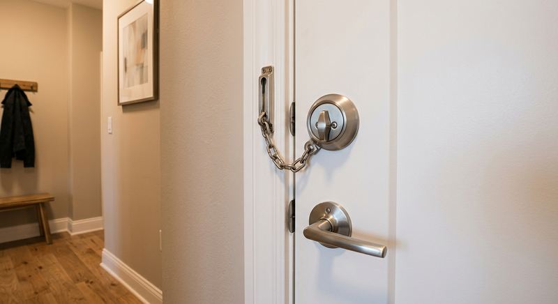 Interior apartment door with deadbolt and chain lock