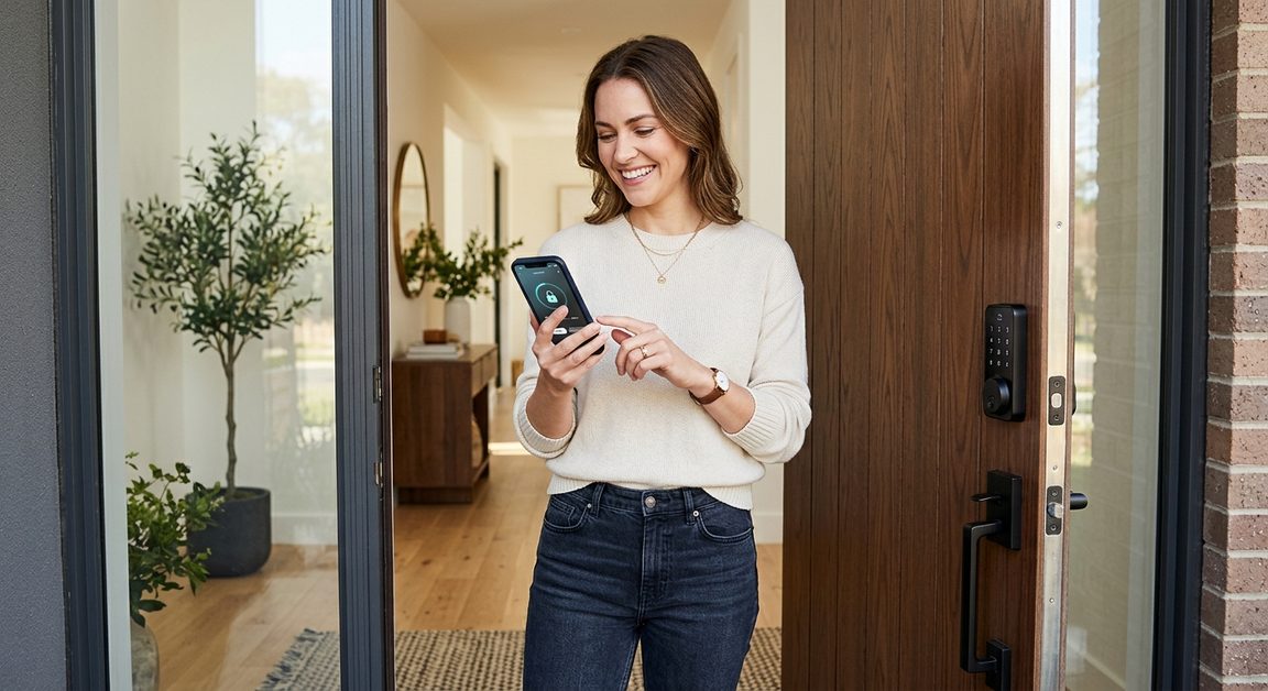 Person using a smartphone app to control a smart door lock